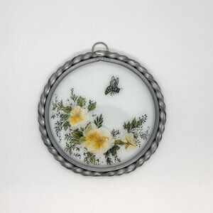 Vtg Lasting Impressions Sun Catcher Glass Pewter Bee Pressed Flowers Painted